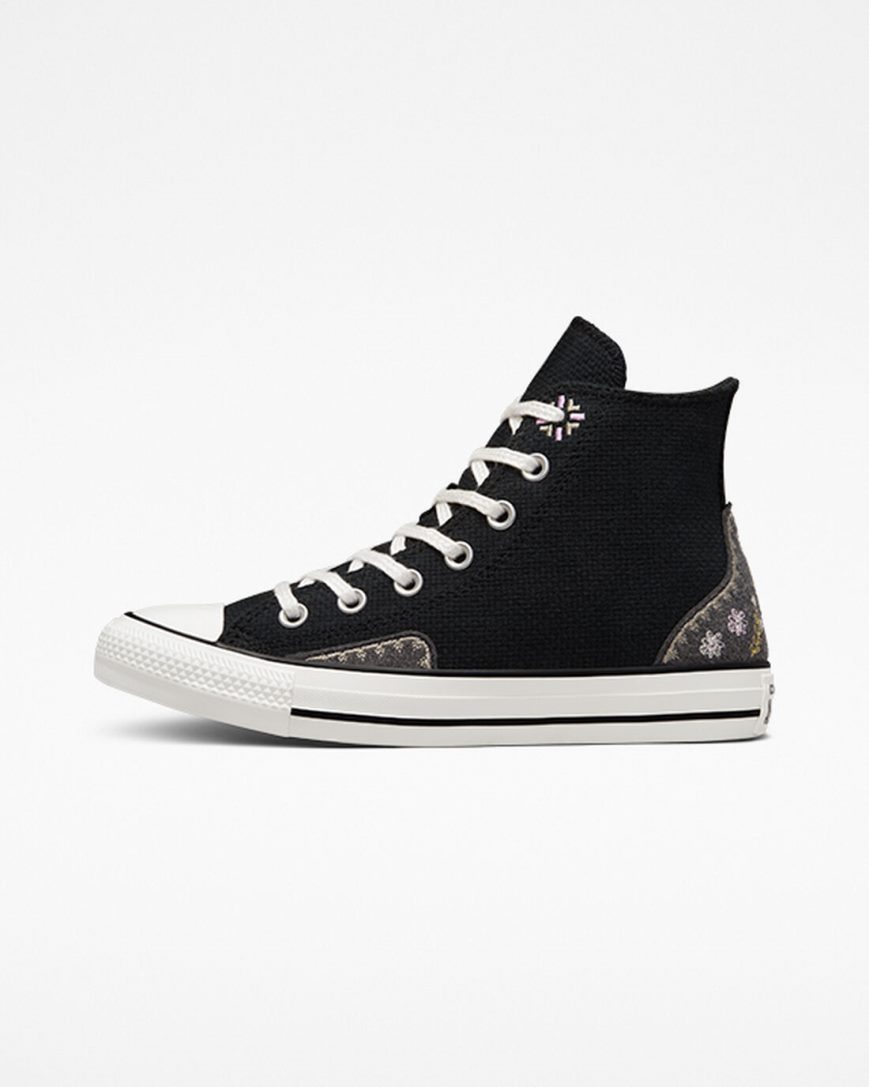 Dámské Boty Vysoké Converse Chuck Taylor All Star Autumn Embroidery Černé Růžové | CZ PUSH05